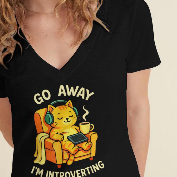 Go Away I'm Introverting Cat Coffee Headphones Women's Jersey Short Sleeve Deep V-Neck Tshirt