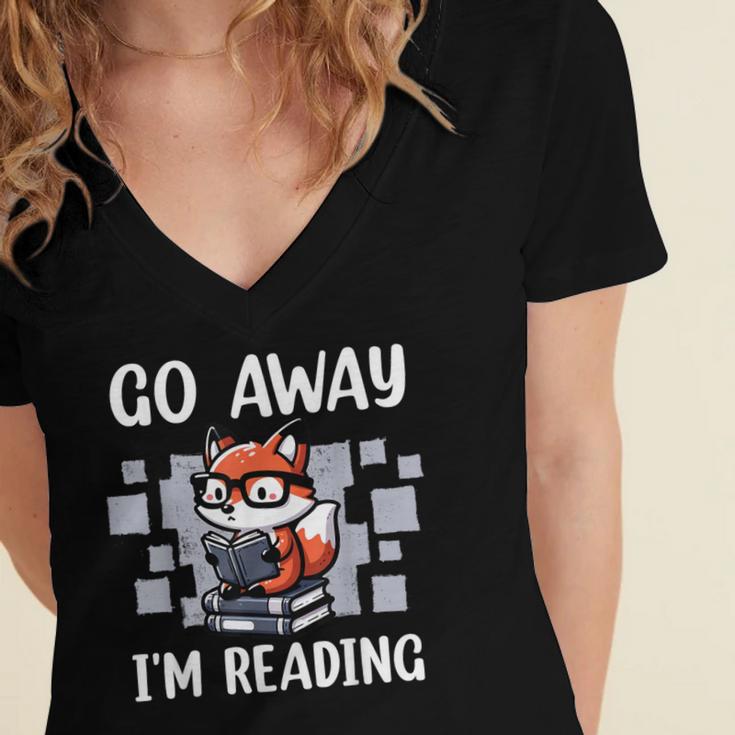Go Away I'm Reading Book Reader Cute Fox Loves Books Women's Jersey Short Sleeve Deep V-Neck Tshirt
