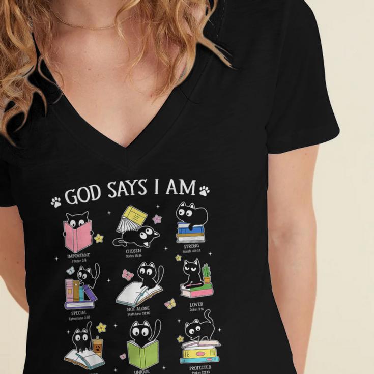 God Says I Am Cat Book Lover Christian Cute Jesus Girls Kids Women's Jersey Short Sleeve Deep V-Neck Tshirt
