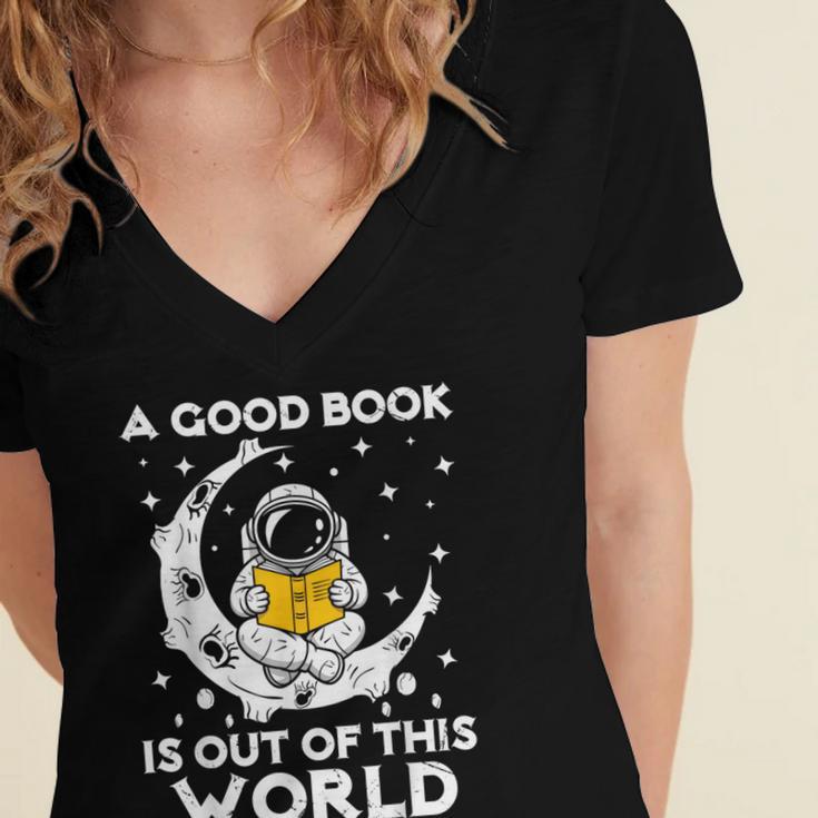 Good Book Is Out Of This World Astronaut Moon Space Reading Women's Jersey Short Sleeve Deep V-Neck Tshirt