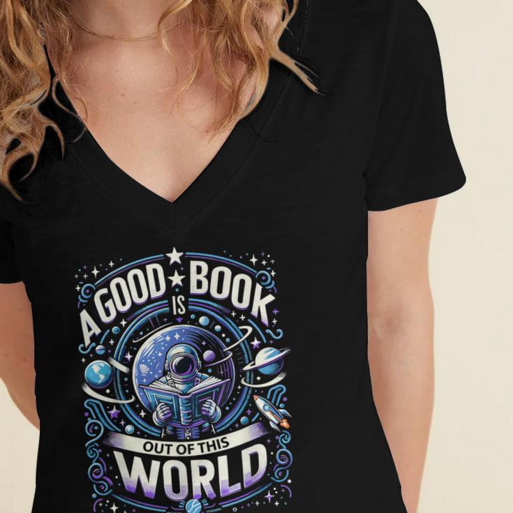 A Good Book Is Out Of This World Shirt Astronaut Reading Women's Jersey Short Sleeve Deep V-Neck Tshirt