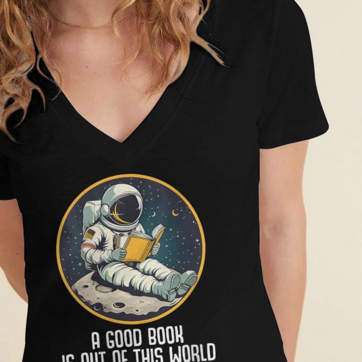 Good Book Is Out Of This World Space Reading Lover Women's Jersey Short Sleeve Deep V-Neck Tshirt Good Book Is Out Of This World Space Reading Lover Women's Jersey Short Sleeve Deep V-Neck Tshirt