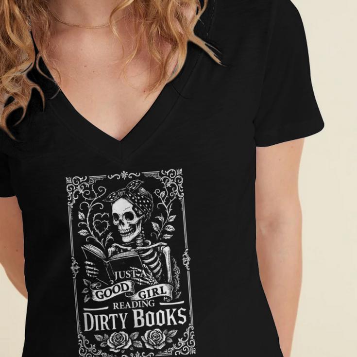 Good Girl Dirty Books Humor Dark Romance Bookworm Women's Jersey Short Sleeve Deep V-Neck Tshirt