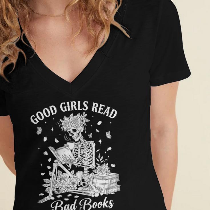Good Girls Read Bad Books Skeleton Reading Book Halloween Women's Jersey Short Sleeve Deep V-Neck Tshirt