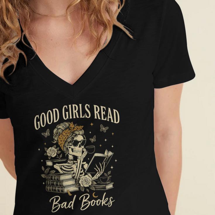 Good Girls Read Bad Books Vintage Skeleton Reader Women's Jersey Short Sleeve Deep V-Neck Tshirt
