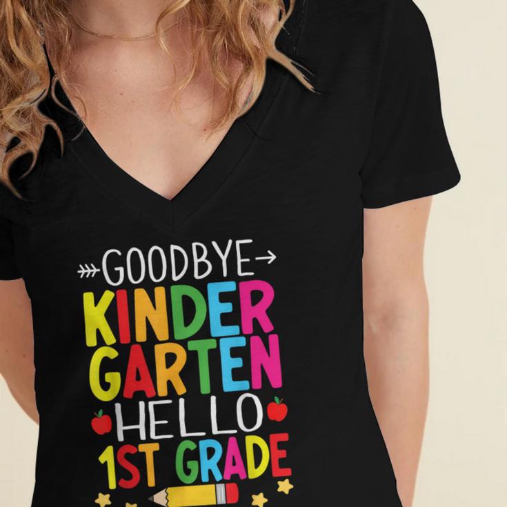 Goodbye Kinder Garten Hello 1st Grade Graduation 2024 Women's Jersey Short Sleeve Deep V-Neck Tshirt
