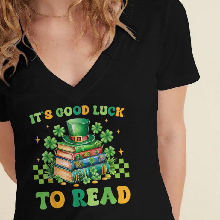 Goods Luck Read Librarian Book Patrick Days Shamrock Clover Women's Jersey Short Sleeve Deep V-Neck Tshirt