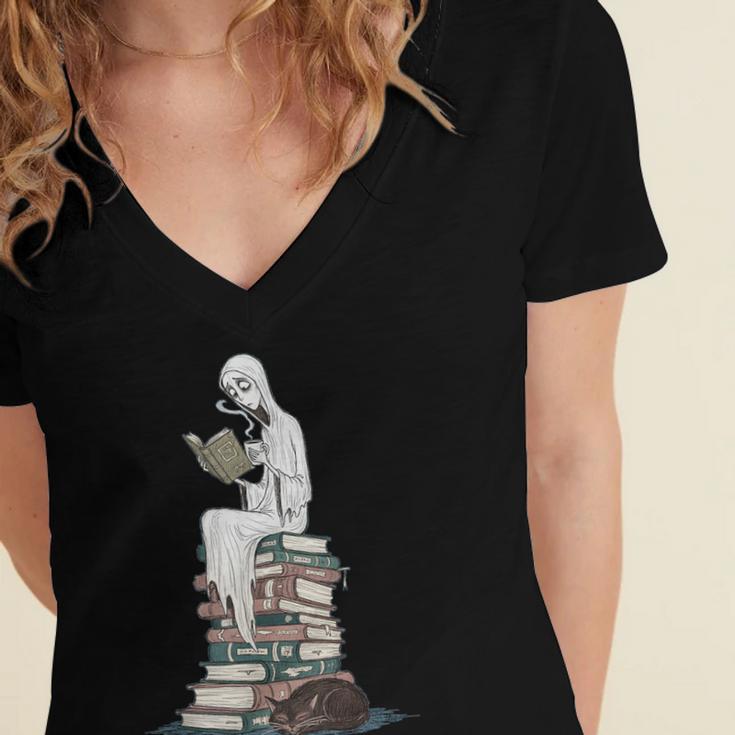 Gothic Librarian Halloween Books Tee For Teachers Women's Jersey Short Sleeve Deep V-Neck Tshirt Gothic Librarian Halloween Books Tee For Teachers Women's Jersey Short Sleeve Deep V-Neck Tshirt