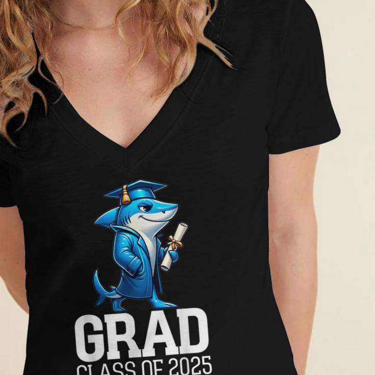 Grad Class Of 2025 Boys Shark Graduation Graduated Women's Jersey Short Sleeve Deep V-Neck Tshirt