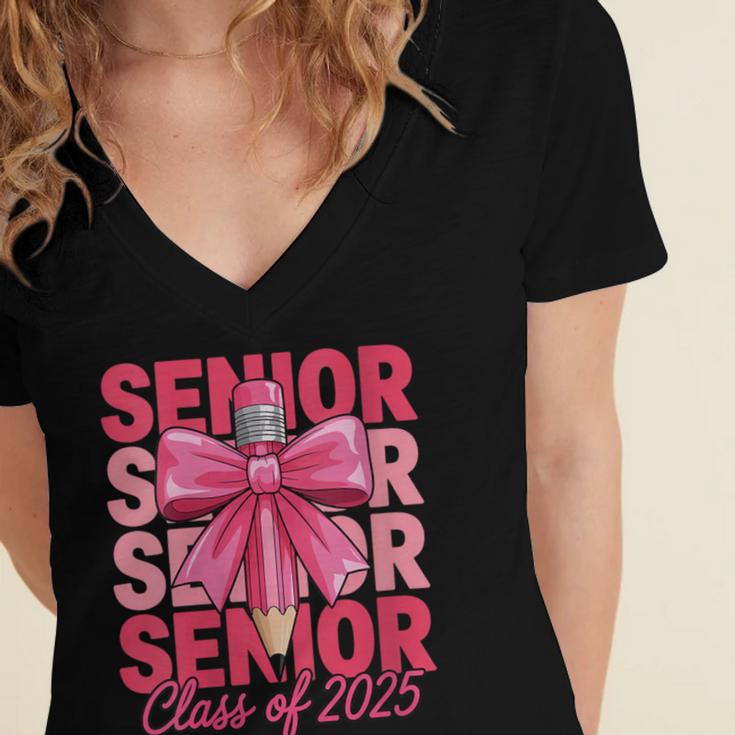 Graduate 2025 For Senior 2025 Graduation Coquette Pink Bow Women's Jersey Short Sleeve Deep V-Neck Tshirt