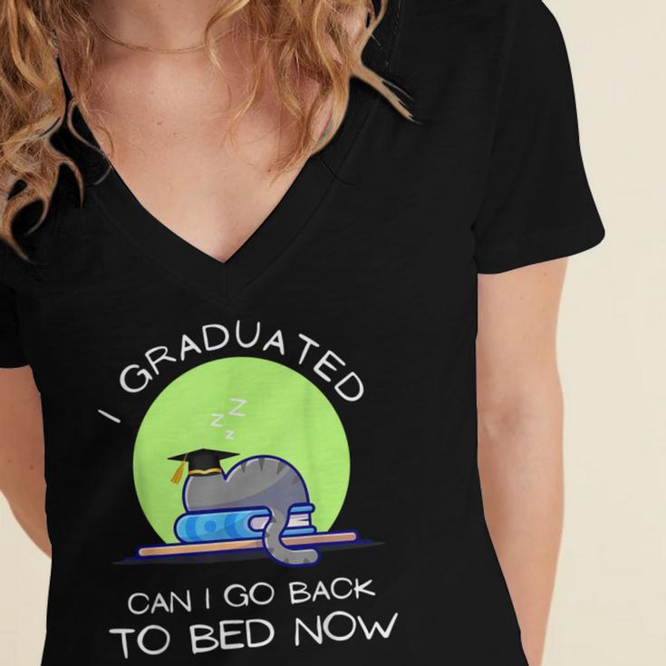 I Graduated Can I Go Back To Bed Now Cat Graduation For Men Women Girls Kids Women's Jersey Short Sleeve Deep V-Neck Tshirt