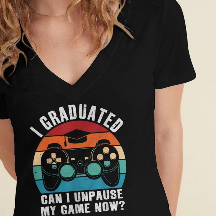 I Graduated Can I Unpause My Game Now Retro Graduation Women's Jersey Short Sleeve Deep V-Neck Tshirt