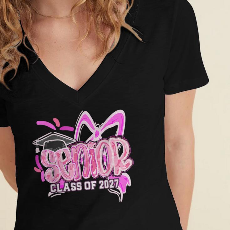 Graduation 2027 Senior 2027 Class Of 2027 Coquette Pink Girl Women's Jersey Short Sleeve Deep V-Neck Tshirt