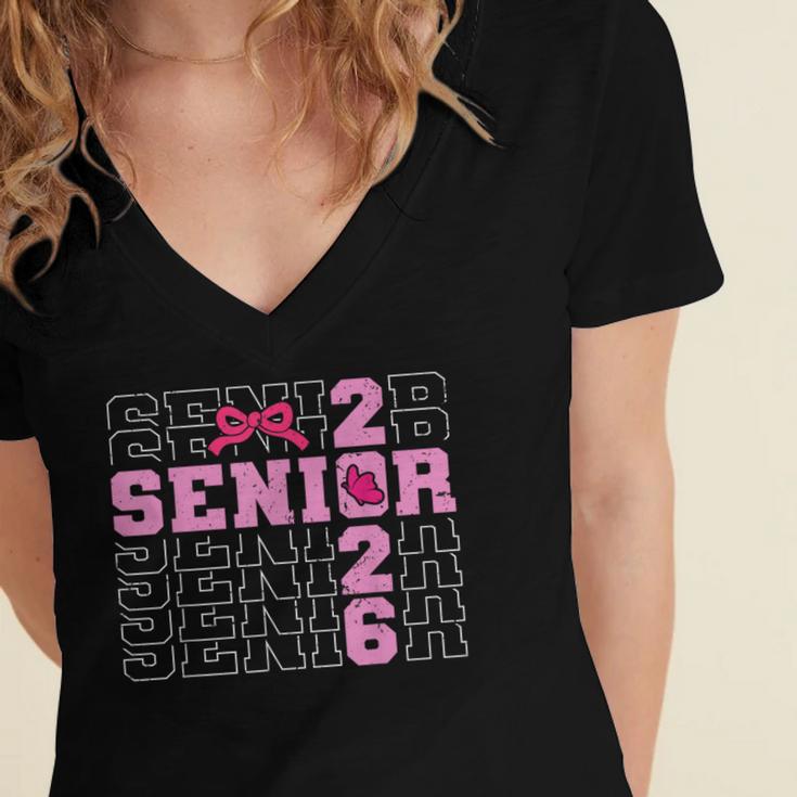 Graduation Class Of 2026 Senior 2026 Pink Bow Coquette Women's Jersey Short Sleeve Deep V-Neck Tshirt