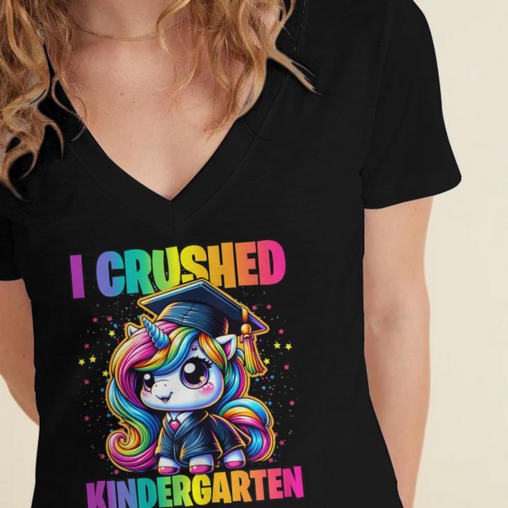 Graduation I Crushed Kindergarten Unicorn Girls Grad Magical Women's Jersey Short Sleeve Deep V-Neck Tshirt