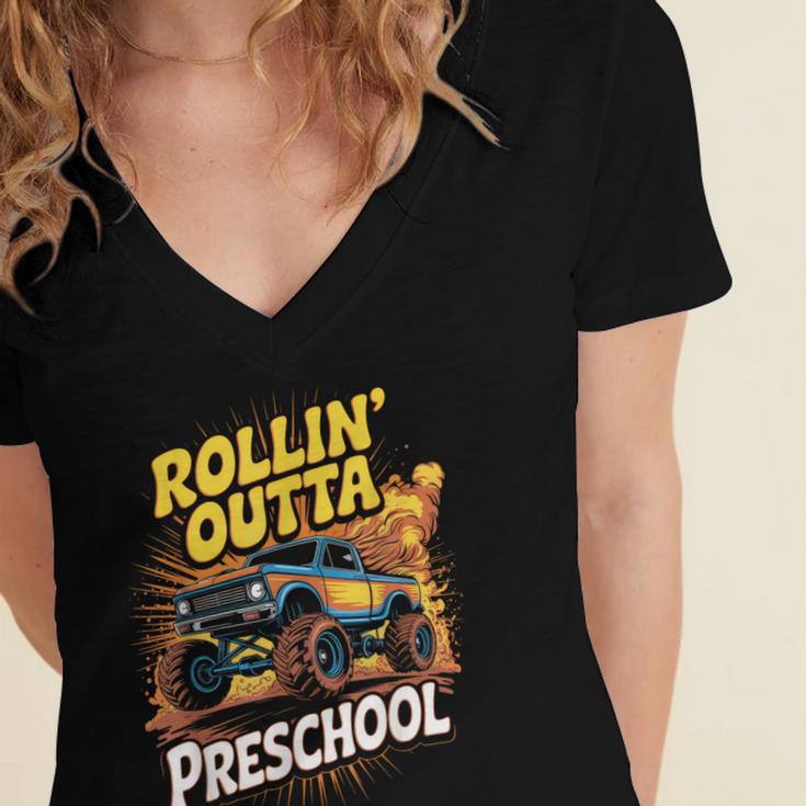 Graduation Rollin' Outta Preschool Monster Truck Boys Pre-K Women's Jersey Short Sleeve Deep V-Neck Tshirt