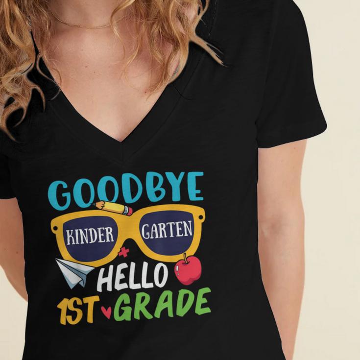 Graduation Shirt Goodbye Kindergarten Hello 1st Grade School Women's Jersey Short Sleeve Deep V-Neck Tshirt