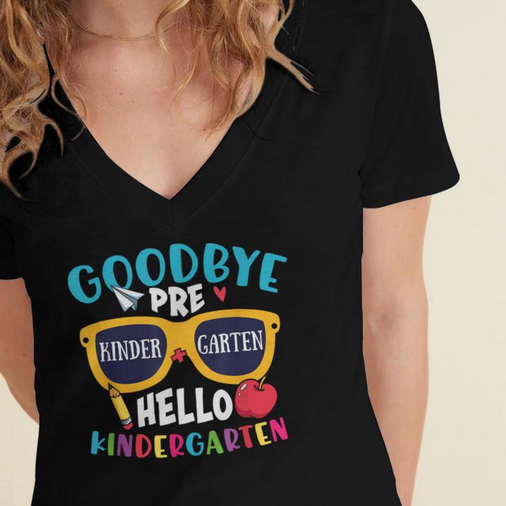Graduation Shirt Goodbye PreK Hello Kindergarten School Women's Jersey Short Sleeve Deep V-Neck Tshirt