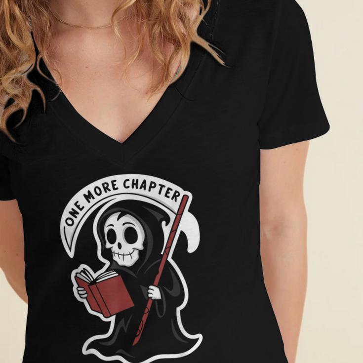 Grim Reaper Bookworm Cute Book Reading Halloween Women's Jersey Short Sleeve Deep V-Neck Tshirt Grim Reaper Bookworm Cute Book Reading Halloween Women's Jersey Short Sleeve Deep V-Neck Tshirt