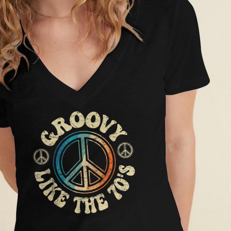 Groovy Like The 70s Peace Aesthetic Nostalgia 1970's Retro Women's Jersey Short Sleeve Deep V-Neck Tshirt