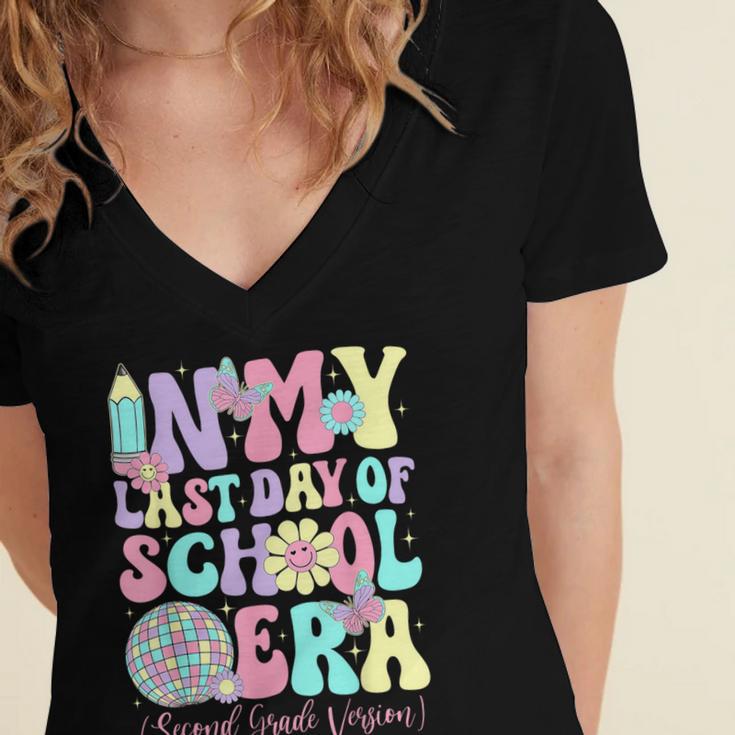 Groovy In My Last Day Of School Era Second Grade Graduation Women's Jersey Short Sleeve Deep V-Neck Tshirt