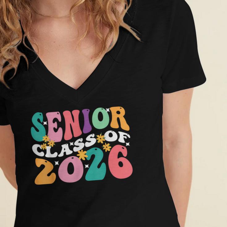 Groovy Senior Class Of 2026 My Last First Day Graduation 26 Women's Jersey Short Sleeve Deep V-Neck Tshirt