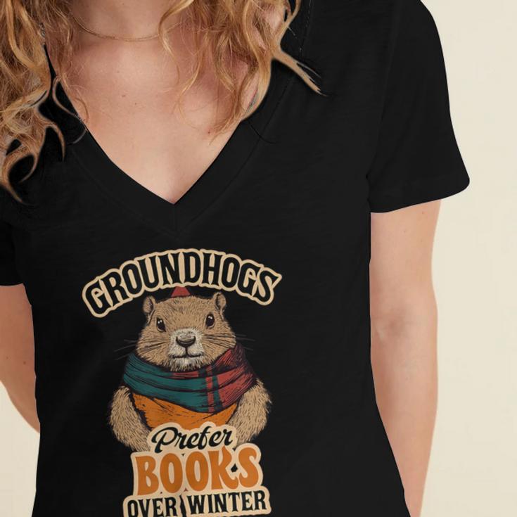 Groundhogs Prefer Books Over Winter February Women's Jersey Short Sleeve Deep V-Neck Tshirt