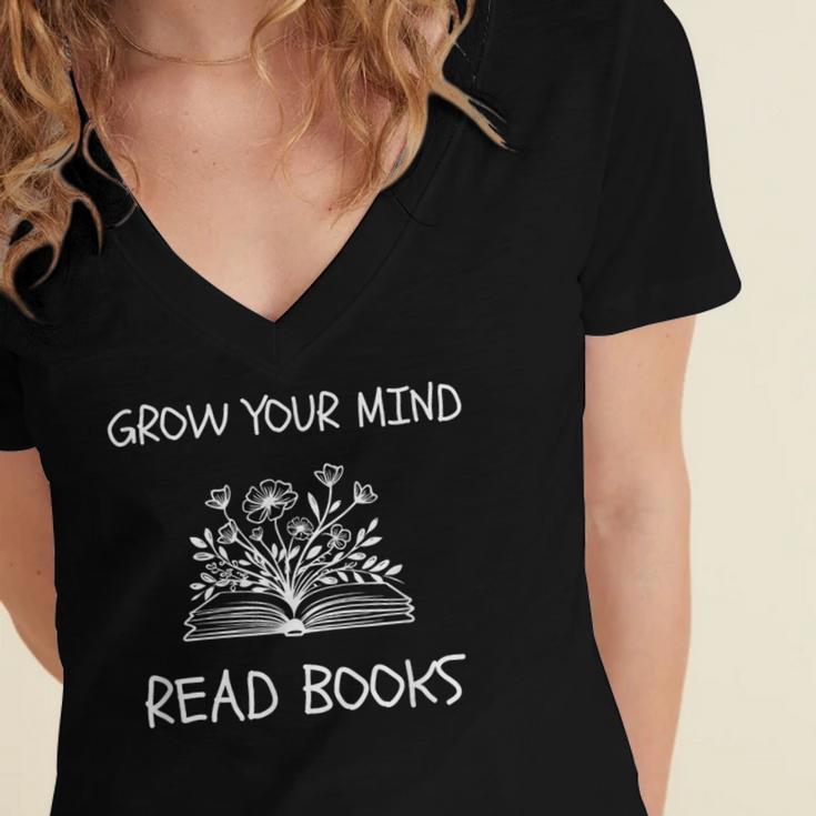 Grow Your Mind Read Books Tee Fun Book Lover Reading Outfit Women's Jersey Short Sleeve Deep V-Neck Tshirt