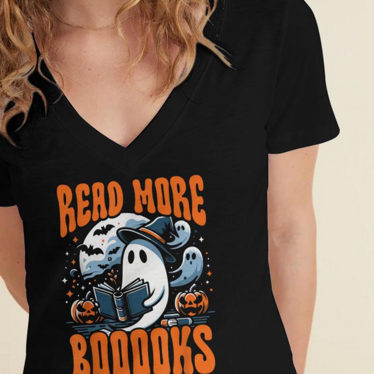 Halloween Book Lover Ghost Boo Pun Read More Boooks Women's Jersey Short Sleeve Deep V-Neck Tshirt Halloween Book Lover Ghost Boo Pun Read More Boooks Women's Jersey Short Sleeve Deep V-Neck Tshirt