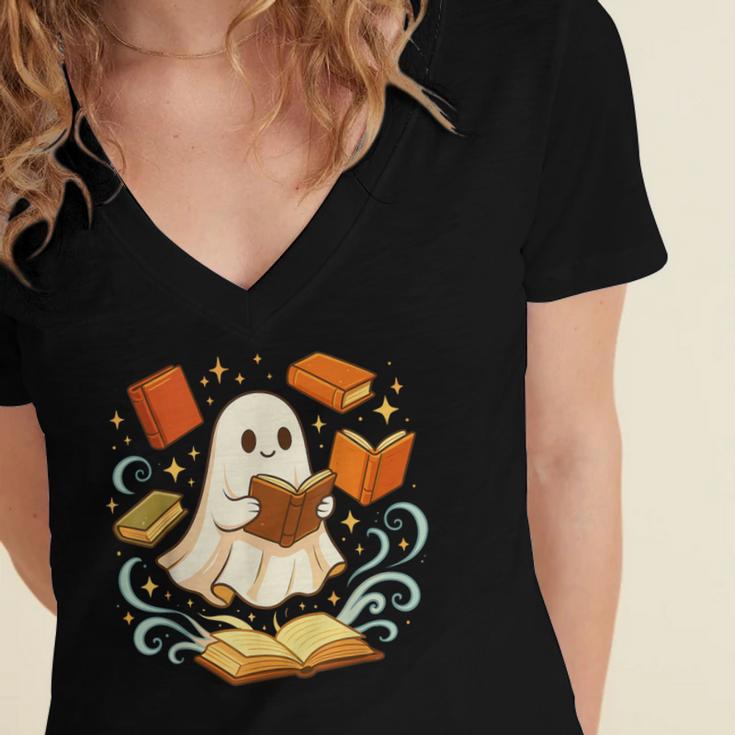 Halloween Cute Ghost Shirt Reading Books Ghost Women's Jersey Short Sleeve Deep V-Neck Tshirt Halloween Cute Ghost Shirt Reading Books Ghost Women's Jersey Short Sleeve Deep V-Neck Tshirt