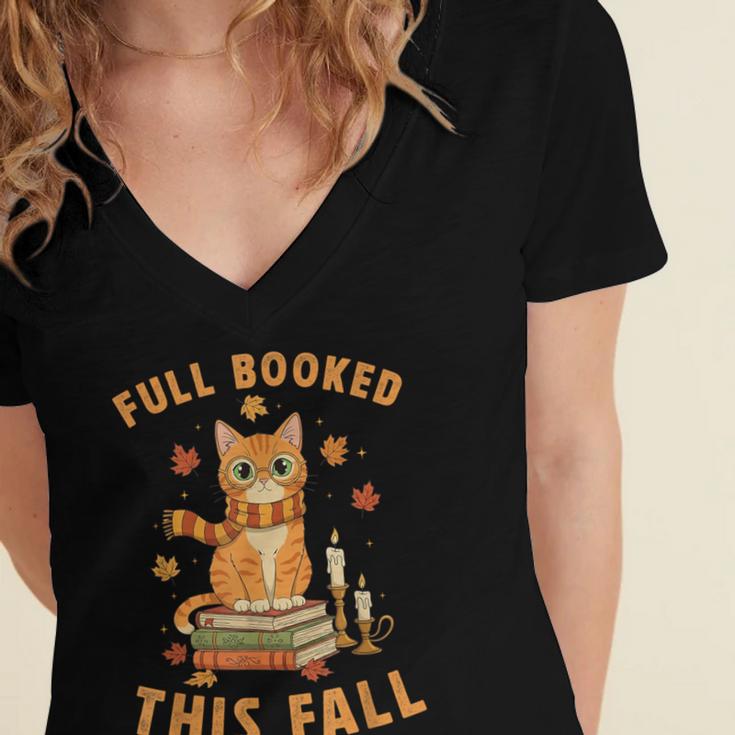 Halloween Fully Booked This Fall Book Ginger Cat Reading Women's Jersey Short Sleeve Deep V-Neck Tshirt