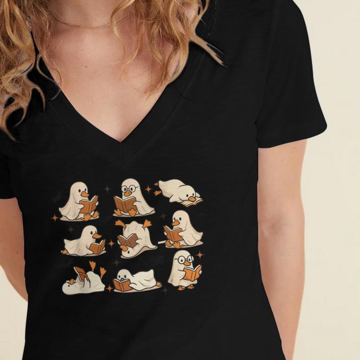 Halloween Ghost Book Lover Women's Jersey Short Sleeve Deep V-Neck Tshirt
