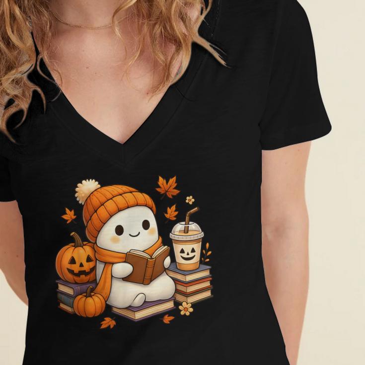 Halloween Ghost Reading Book Lovers Coffee Girl Women Women's Jersey Short Sleeve Deep V-Neck Tshirt
