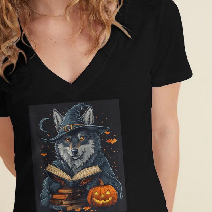 Halloween Girls Boys Cute Wolf Book Pumpkin Kids Halloween Women's Jersey Short Sleeve Deep V-Neck Tshirt Halloween Girls Boys Cute Wolf Book Pumpkin Kids Halloween Women's Jersey Short Sleeve Deep V-Neck Tshirt