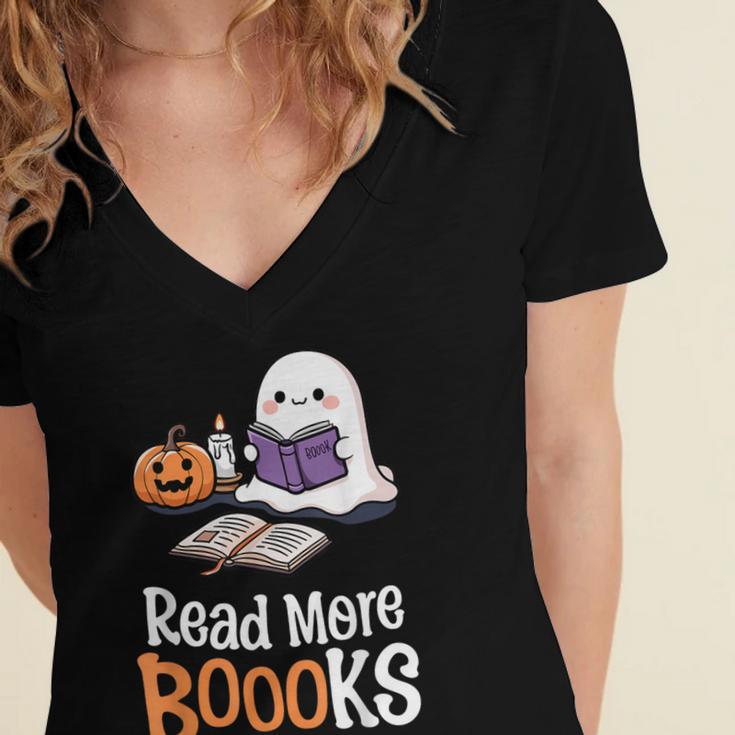 Halloween Teacher Women Cute Reading Ghost Read More Books Women's Jersey Short Sleeve Deep V-Neck Tshirt