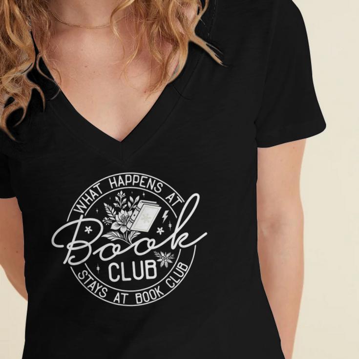 What Happens At Book Club Stays At Book Club Women's Jersey Short Sleeve Deep V-Neck Tshirt