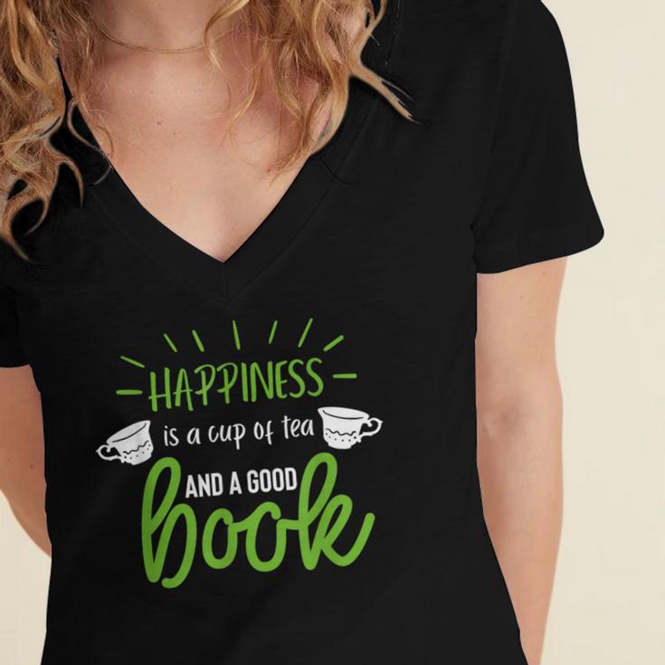 Happiness Is a Cup Of Tea And a Good Book Women's Jersey Short Sleeve Deep V-Neck Tshirt