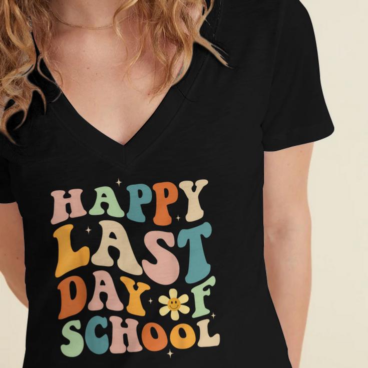 Happy Last Day Of School Groovy Teacher Student Graduation Women's Jersey Short Sleeve Deep V-Neck Tshirt