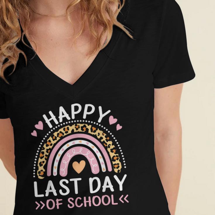 HAPPY LAST OF DAY SCHOOL Rainbow Teacher Student Graduation Men Women Girls Kids Women's Jersey Short Sleeve Deep V-Neck Tshirt