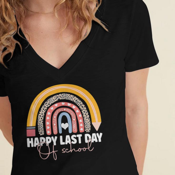 HAPPY LAST OF DAY SCHOOL Rainbow Teacher Student Graduation Women's Jersey Short Sleeve Deep V-Neck Tshirt