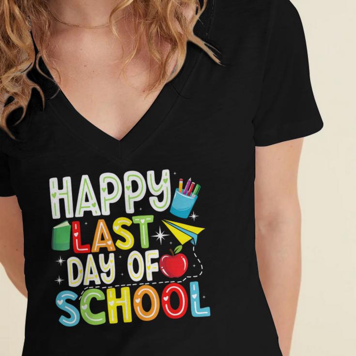 Happy Last Day Of School Teacher Kids Boys Girls Graduation Women's Jersey Short Sleeve Deep V-Neck Tshirt