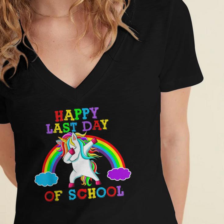 Happy Last Day Of School Teacher Student Graduation Unicorn Women's Jersey Short Sleeve Deep V-Neck Tshirt