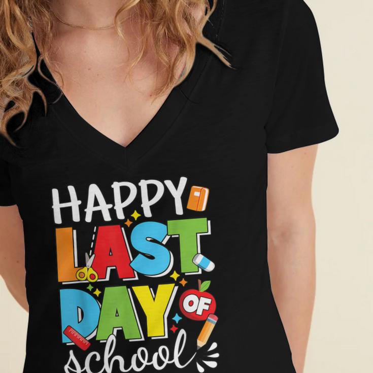 Happy Last Day Of School Teacher Student Graduation Women's Jersey Short Sleeve Deep V-Neck Tshirt
