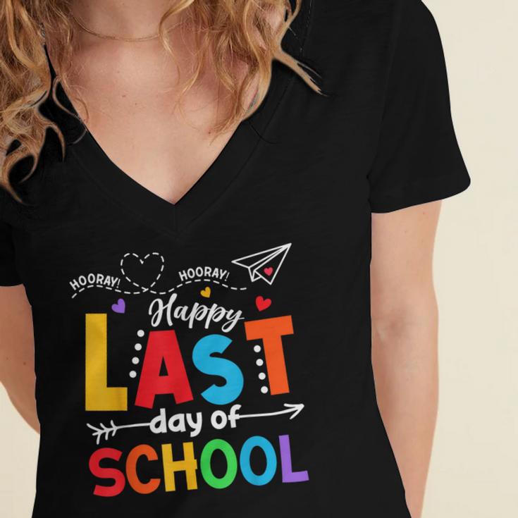 Happy Last Day Of School Teacher Women Student Graduation Women's Jersey Short Sleeve Deep V-Neck Tshirt
