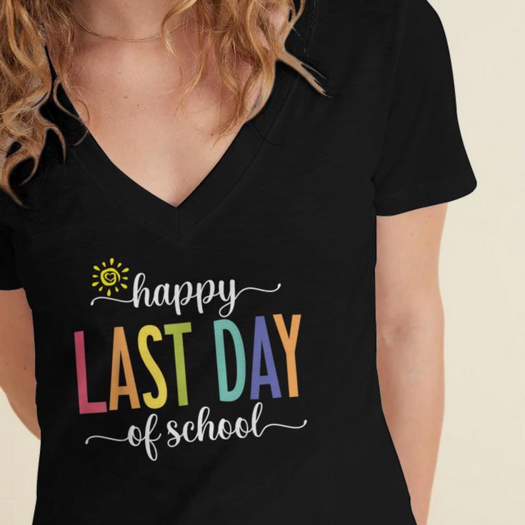 Happy Last Day Of School Women Teachers School Graduation Women's Jersey Short Sleeve Deep V-Neck Tshirt