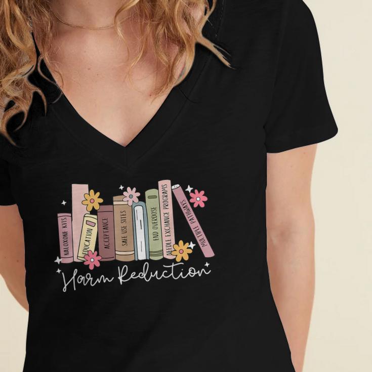 Harm Reduction Floral Book Overdose Awareness Nurse Women's Jersey Short Sleeve Deep V-Neck Tshirt