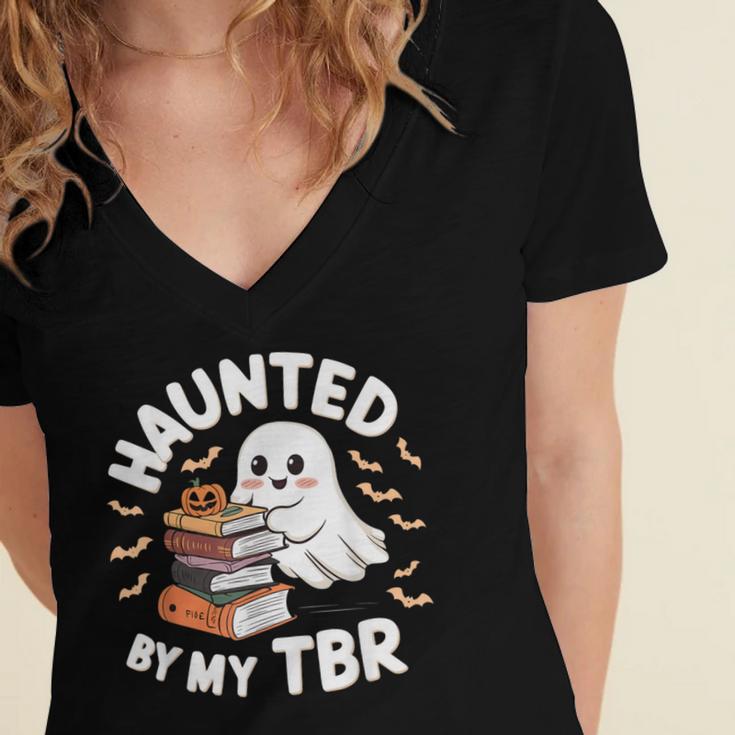 Haunted By My TBR Cute Ghost Book Reading Teacher Halloween Women's Jersey Short Sleeve Deep V-Neck Tshirt