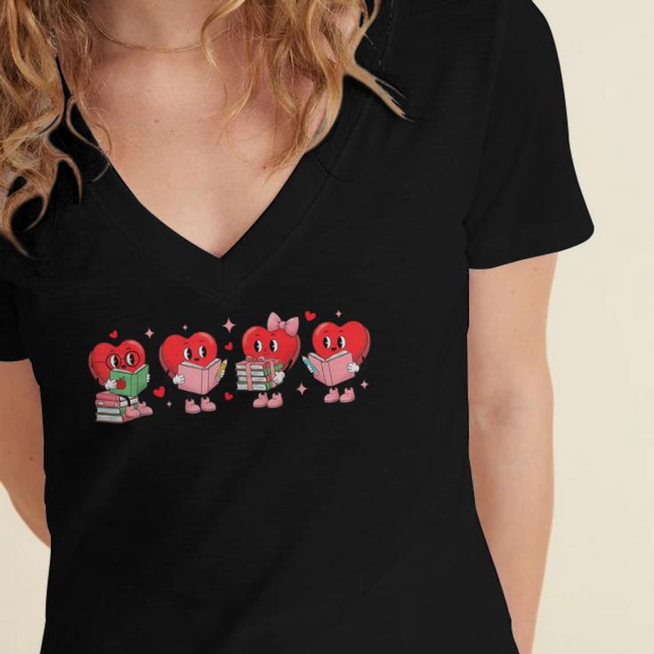 Heart Reading Books Valentine Teacher Library Book Lover Women's Jersey Short Sleeve Deep V-Neck Tshirt Heart Reading Books Valentine Teacher Library Book Lover Women's Jersey Short Sleeve Deep V-Neck Tshirt