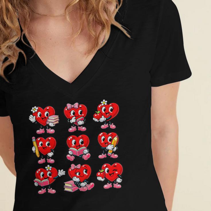 Heart Reading Books Valentine’s Day Girl And Boy Book Lovers Women's Jersey Short Sleeve Deep V-Neck Tshirt