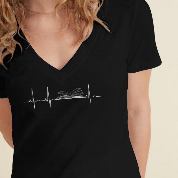 Heartbeat Book Reader Reading Lover Women's Jersey Short Sleeve Deep V-Neck Tshirt